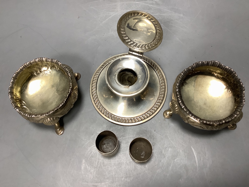 One 18th century silver salt and one Victorian silver salt, a silver inkwell and a cylindrical sterling vesta case.